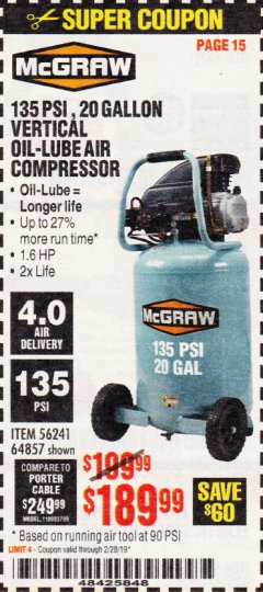 Harbor Freight Coupon MCGRAW 20 GALLON, 135 PSI OIL-LUBE AIR COMPRESSOR Lot No. 56241/64857 Expired: 2/28/19 - $189.99