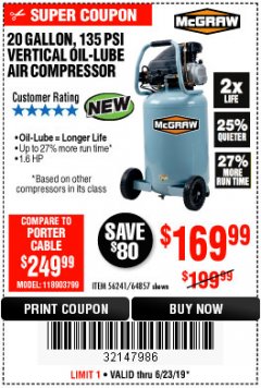 Harbor Freight Coupon MCGRAW 20 GALLON, 135 PSI OIL-LUBE AIR COMPRESSOR Lot No. 56241/64857 Expired: 6/23/19 - $169.99
