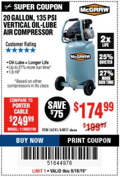 Harbor Freight Coupon MCGRAW 20 GALLON, 135 PSI OIL-LUBE AIR COMPRESSOR Lot No. 56241/64857 Expired: 8/18/19 - $174.99