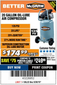 Harbor Freight Coupon MCGRAW 20 GALLON, 135 PSI OIL-LUBE AIR COMPRESSOR Lot No. 56241/64857 Expired: 9/30/19 - $174.99