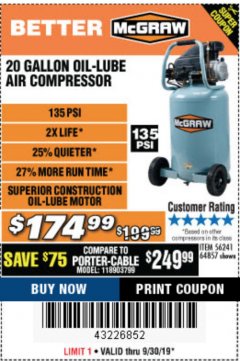 Harbor Freight Coupon MCGRAW 20 GALLON, 135 PSI OIL-LUBE AIR COMPRESSOR Lot No. 56241/64857 Expired: 9/30/19 - $174.99