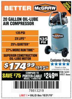 Harbor Freight Coupon MCGRAW 20 GALLON, 135 PSI OIL-LUBE AIR COMPRESSOR Lot No. 56241/64857 Expired: 10/31/19 - $174.99