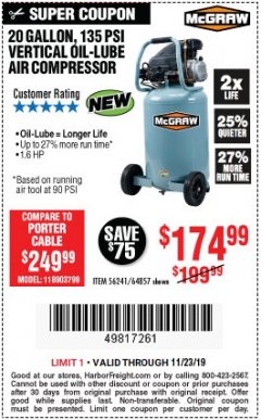 Harbor Freight Coupon MCGRAW 20 GALLON, 135 PSI OIL-LUBE AIR COMPRESSOR Lot No. 56241/64857 Expired: 11/23/19 - $174.99