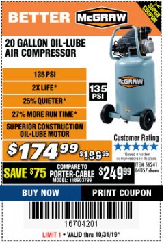 Harbor Freight Coupon MCGRAW 20 GALLON, 135 PSI OIL-LUBE AIR COMPRESSOR Lot No. 56241/64857 Expired: 10/31/19 - $174.99