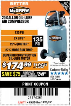 Harbor Freight Coupon MCGRAW 20 GALLON, 135 PSI OIL-LUBE AIR COMPRESSOR Lot No. 56241/64857 Expired: 10/20/19 - $174.99