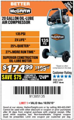 Harbor Freight Coupon MCGRAW 20 GALLON, 135 PSI OIL-LUBE AIR COMPRESSOR Lot No. 56241/64857 Expired: 10/20/19 - $174.99