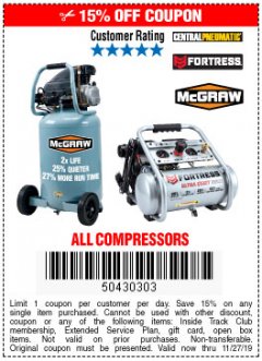 Harbor Freight Coupon MCGRAW 20 GALLON, 135 PSI OIL-LUBE AIR COMPRESSOR Lot No. 56241/64857 Expired: 11/27/19 - $169.99