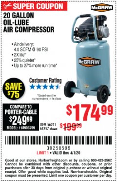 Harbor Freight Coupon MCGRAW 20 GALLON, 135 PSI OIL-LUBE AIR COMPRESSOR Lot No. 56241/64857 Expired: 4/1/20 - $174.99