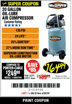 Harbor Freight Coupon MCGRAW 20 GALLON, 135 PSI OIL-LUBE AIR COMPRESSOR Lot No. 56241/64857 Expired: 6/30/20 - $164.99
