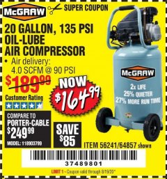Harbor Freight Coupon MCGRAW 20 GALLON, 135 PSI OIL-LUBE AIR COMPRESSOR Lot No. 56241/64857 Expired: 8/19/20 - $164.99