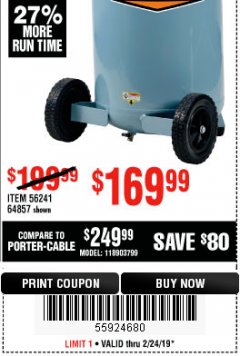 Harbor Freight Coupon MCGRAW 20 GALLON, 135 PSI OIL-LUBE AIR COMPRESSOR Lot No. 56241/64857 Expired: 2/24/19 - $169.99