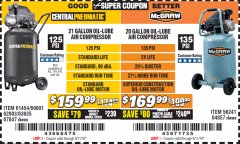 Harbor Freight Coupon MCGRAW 20 GALLON, 135 PSI OIL-LUBE AIR COMPRESSOR Lot No. 56241/64857 Expired: 8/11/19 - $169.99