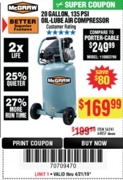 Harbor Freight Coupon MCGRAW 20 GALLON, 135 PSI OIL-LUBE AIR COMPRESSOR Lot No. 56241/64857 Expired: 4/30/19 - $169.99