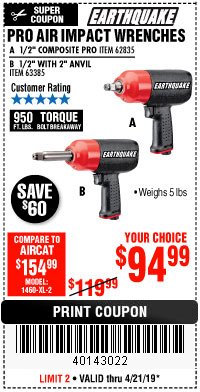 Harbor Freight Coupon 1/2" COMPOSITE AIR IMPACT WRENCH Lot No. 62835 Expired: 4/21/19 - $94.99
