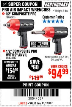 Harbor Freight Coupon 1/2" COMPOSITE AIR IMPACT WRENCH Lot No. 62835 Expired: 11/17/19 - $94.99