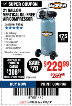Harbor Freight Coupon MCGRAW 175 PSI, 21 GALLON VERTICAL OIL-FREE AIR COMPRESSOR Lot No. 64858 Expired: 9/29/19 - $229.99