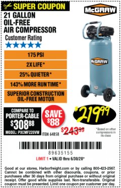 Harbor Freight Coupon MCGRAW 175 PSI, 21 GALLON VERTICAL OIL-FREE AIR COMPRESSOR Lot No. 64858 Expired: 6/30/20 - $219.99