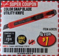 Harbor Freight Coupon COLOR SNAP BLADE UTILITY KNIFE Lot No. 60828 Expired: 2/28/19 - $1