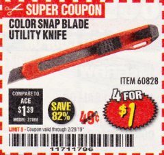 Harbor Freight Coupon COLOR SNAP BLADE UTILITY KNIFE Lot No. 60828 Expired: 2/28/19 - $1