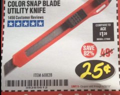 Harbor Freight Coupon COLOR SNAP BLADE UTILITY KNIFE Lot No. 60828 Expired: 4/30/19 - $0.25