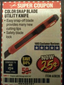 Harbor Freight Coupon COLOR SNAP BLADE UTILITY KNIFE Lot No. 60828 Expired: 8/31/19 - $0.25