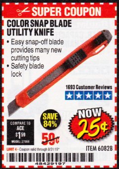 Harbor Freight Coupon COLOR SNAP BLADE UTILITY KNIFE Lot No. 60828 Expired: 8/31/19 - $0.25