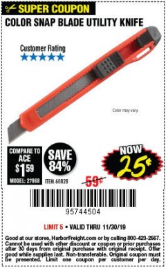 Harbor Freight Coupon COLOR SNAP BLADE UTILITY KNIFE Lot No. 60828 Expired: 11/30/19 - $0.25