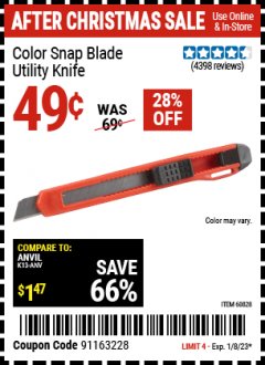 Harbor Freight Coupon COLOR SNAP BLADE UTILITY KNIFE Lot No. 60828 Expired: 1/8/23 - $0.49