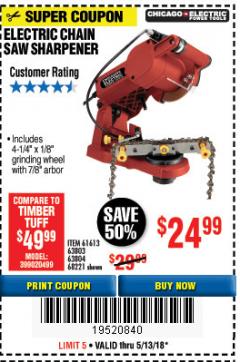 Harbor Freight Coupon ELECTRIC CHAIN SAW SHARPENER Lot No. 63804/63803/61613/68221 Expired: 5/13/18 - $24.99
