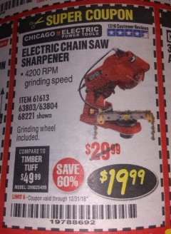 Harbor Freight Coupon ELECTRIC CHAIN SAW SHARPENER Lot No. 63804/63803/61613/68221 Expired: 12/31/18 - $19.99