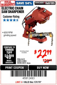 Harbor Freight Coupon CHICAGO ELECTRIC POWER TOOLS ELECTRIC CHAINSAW SHARPENER Lot No. 63803/68221/63804 Expired: 1/31/19 - $22.99