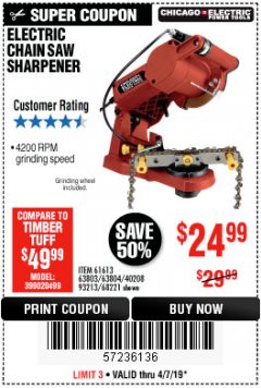 Harbor Freight Coupon ELECTRIC CHAIN SAW SHARPENER Lot No. 63804/63803/61613/68221 Expired: 4/7/19 - $24.99