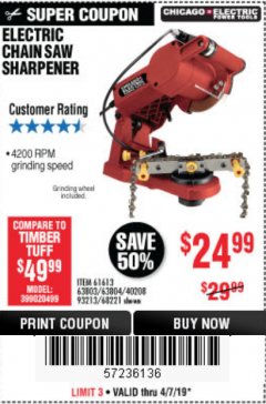 Harbor Freight Coupon ELECTRIC CHAIN SAW SHARPENER Lot No. 63804/63803/61613/68221 Expired: 4/7/19 - $24.99