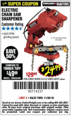 Harbor Freight Coupon ELECTRIC CHAIN SAW SHARPENER Lot No. 63804/63803/61613/68221 Expired: 11/30/19 - $24.99