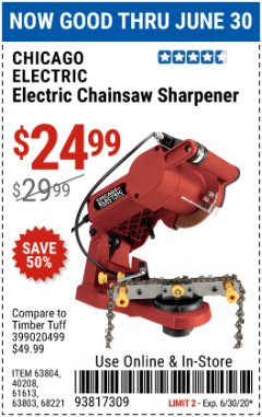 Harbor Freight Coupon ELECTRIC CHAIN SAW SHARPENER Lot No. 63804/63803/61613/68221 Expired: 6/30/20 - $24.99