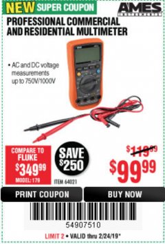 Harbor Freight Coupon AMES PROFESSIONAL COMMERCIAL AND RESIDENTIAL MULTIMETER Lot No. 64021 Expired: 2/24/19 - $99.99