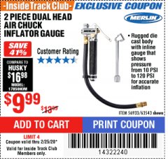 Harbor Freight ITC Coupon MERLIN DUAL-HEAD AIR CHUCK INFLATOR GAUGE, 2-PIECE Lot No. 63543 Expired: 2/25/20 - $9.99