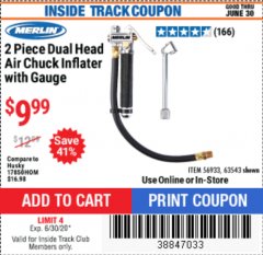 Harbor Freight ITC Coupon MERLIN DUAL-HEAD AIR CHUCK INFLATOR GAUGE, 2-PIECE Lot No. 63543 Expired: 6/30/20 - $9.99