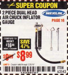 Harbor Freight Coupon MERLIN DUAL-HEAD AIR CHUCK INFLATOR GAUGE, 2-PIECE Lot No. 63543 Expired: 2/28/19 - $8.99
