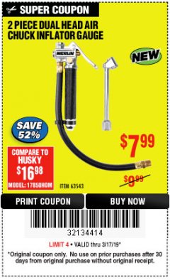 Harbor Freight Coupon MERLIN DUAL-HEAD AIR CHUCK INFLATOR GAUGE, 2-PIECE Lot No. 63543 Expired: 3/17/19 - $7.99