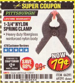 Harbor Freight Coupon 1-3/4" NYLON SPRING CLAMP Lot No. 66391 Expired: 11/30/19 - $0.79