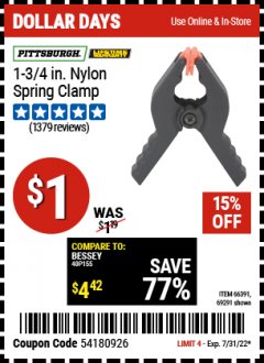 Harbor Freight Coupon 1-3/4" NYLON SPRING CLAMP Lot No. 66391 Expired: 7/31/22 - $1