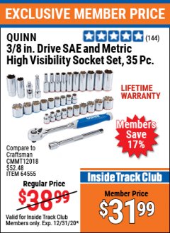 Harbor Freight ITC Coupon QUINN 3/8 IN. DRIVE SAE AND METRIC HIGH-VISIBILITY SOCKET SET, 35-PIECE Lot No. 64555 Expired: 12/31/20 - $31.99