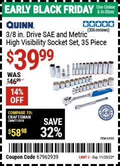 Harbor Freight Coupon QUINN 3/8 IN. DRIVE SAE AND METRIC HIGH-VISIBILITY SOCKET SET, 35-PIECE Lot No. 64555 Expired: 11/23/22 - $39.99