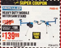 Harbor Freight Coupon HERCULES HEAVY DUTY MOBILE MITER SAW STAND Lot No. 64751/56165 Expired: 2/28/19 - $139.99