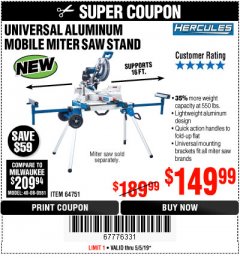 Harbor Freight Coupon HERCULES HEAVY DUTY MOBILE MITER SAW STAND Lot No. 64751/56165 Expired: 5/5/19 - $149.99