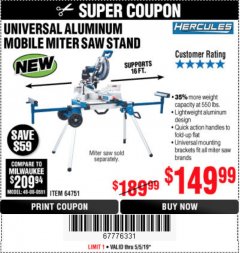 Harbor Freight Coupon HERCULES HEAVY DUTY MOBILE MITER SAW STAND Lot No. 64751/56165 Expired: 5/5/19 - $149.99