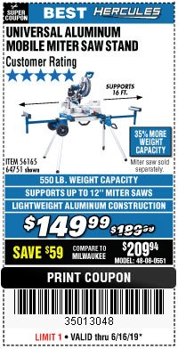 Harbor Freight Coupon HERCULES HEAVY DUTY MOBILE MITER SAW STAND Lot No. 64751/56165 Expired: 6/16/19 - $149.99