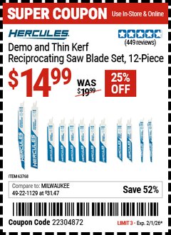 Harbor Freight Coupon HERCULES DEMO AND THIN KERF RECIPROCATING SAW BLADE SET, 12-PIECE Lot No. 63768 EXPIRES: 2/1/26 - $14.99