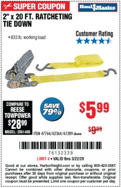 Harbor Freight Coupon 2" x 20 FT. RATCHETING TIE DOWN Lot No. 61289/47764/62364 Expired: 3/22/20 - $5.99